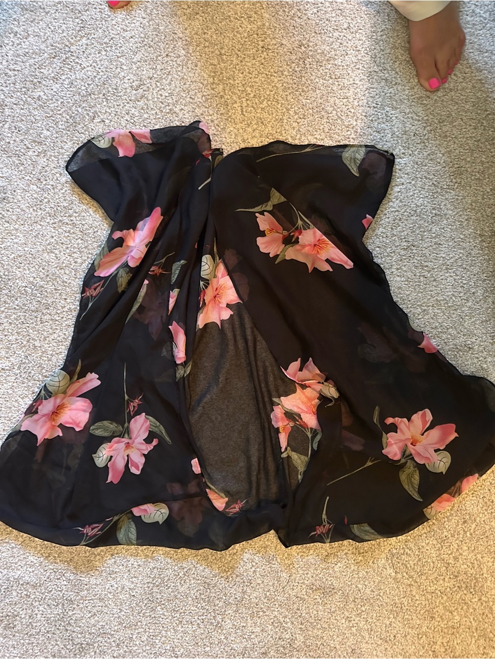 SHEIN Black Sheer Floral Swim Coverup with Pink Blooms